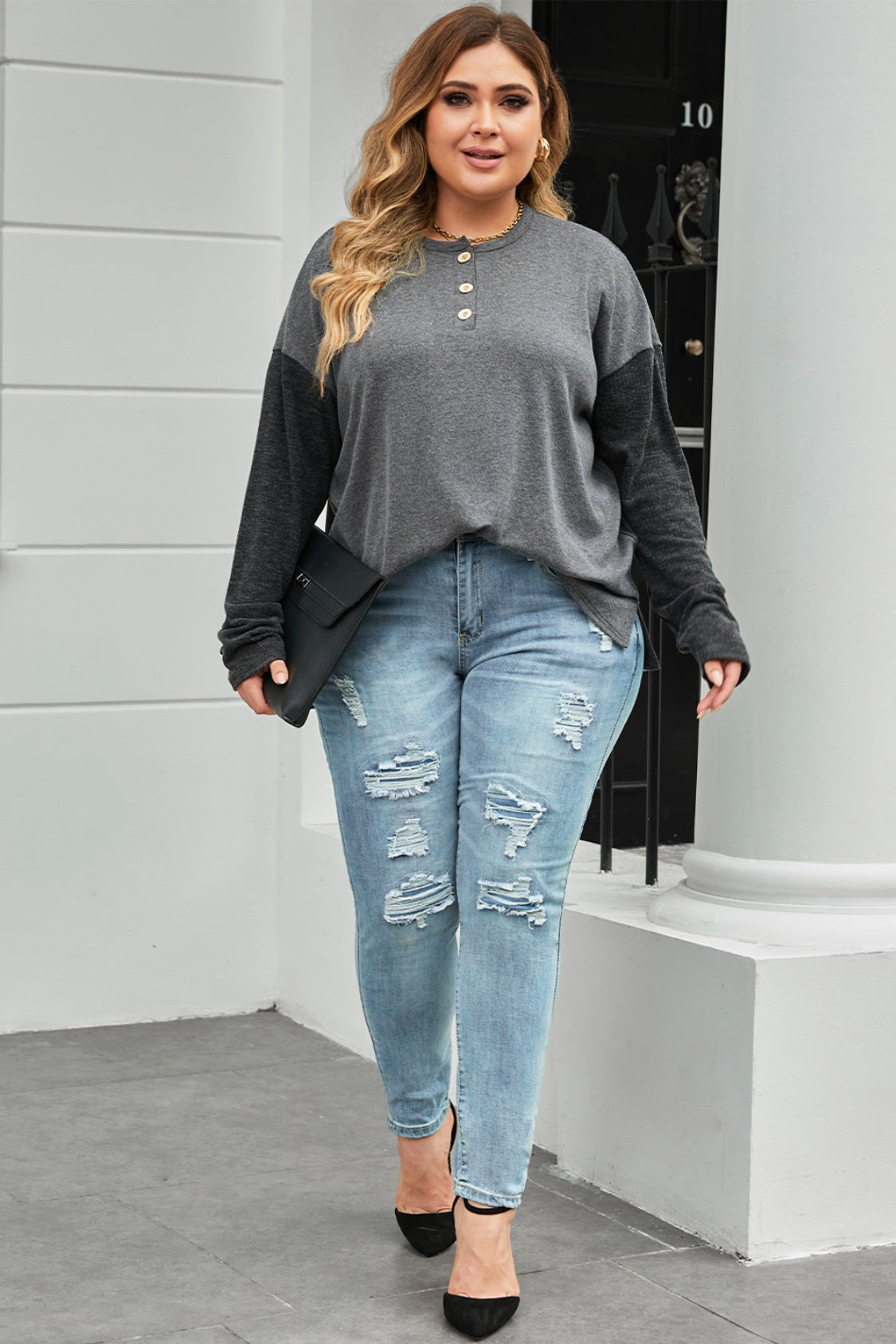 Plus Size Round Neck Long Sleeve Buttoned Blouse-Jewearrings