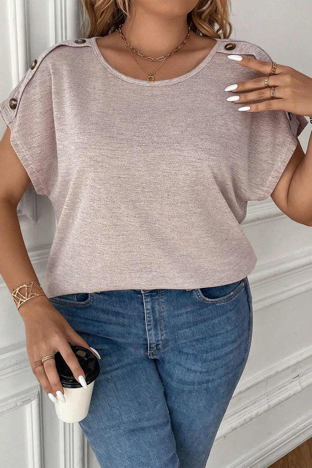 Plus Size Decorative Button Round Neck Short Sleeve T-Shirt-Jewearrings