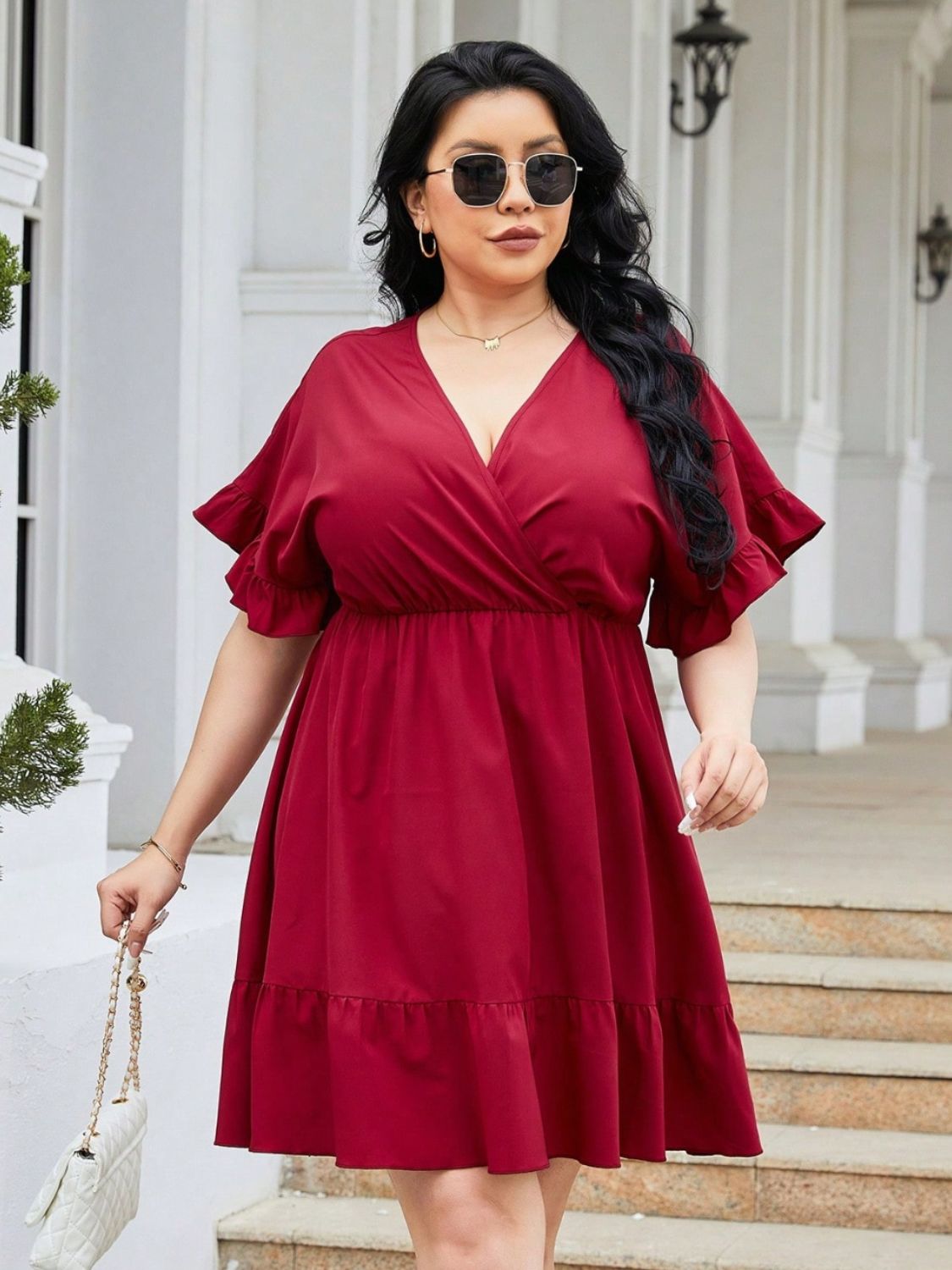 Plus Size Ruched Surplice Flounce Sleeve Mini Dress-Jewearrings