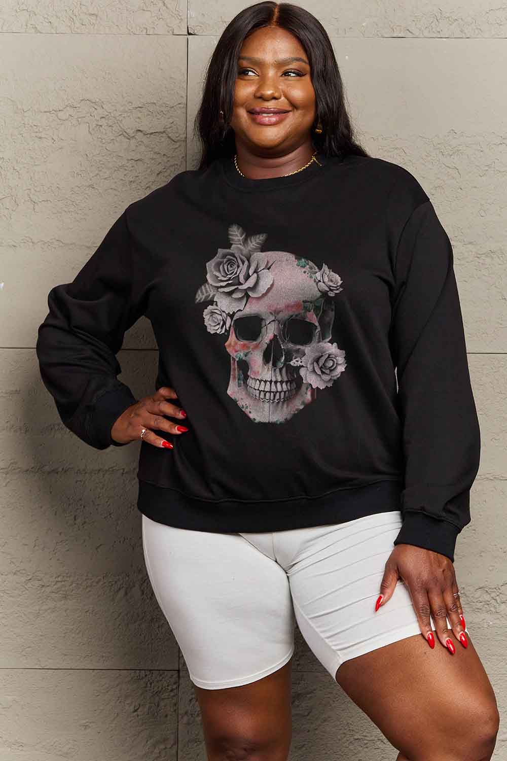 Simply Love Simply Love Full Size Dropped Shoulder SKULL Graphic Sweatshirt-Jewearrings