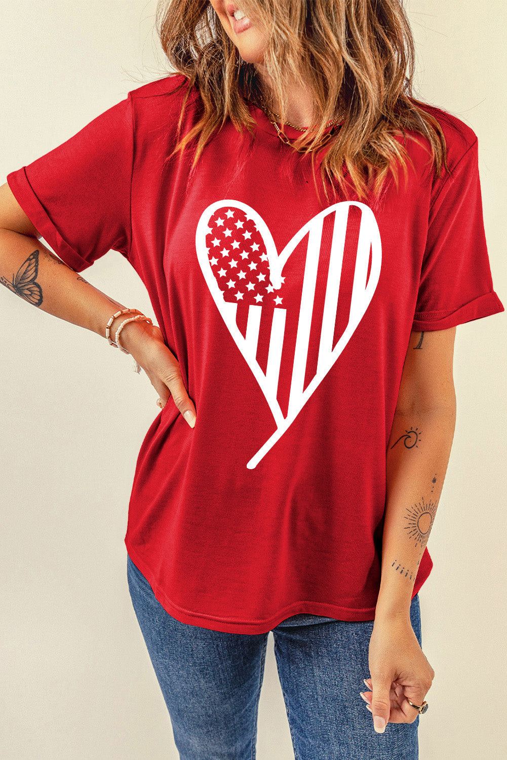 Heart Round Neck Short Sleeve T-Shirt-Jewearrings