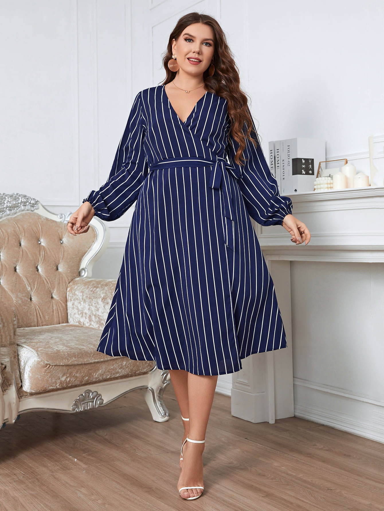 Melo Apparel Plus Size Striped Surplice Neck Long Sleeve Dress-Jewearrings