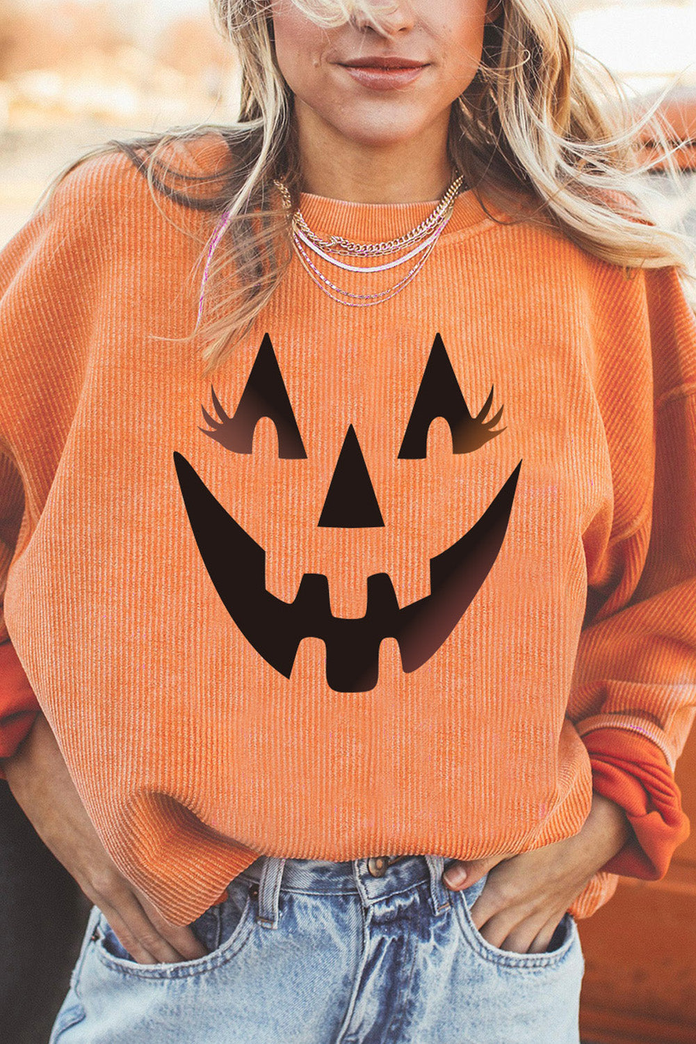 Round Neck Dropped Shoulder Jack-O'-Lantern Graphic Sweatshirt-Jewearrings