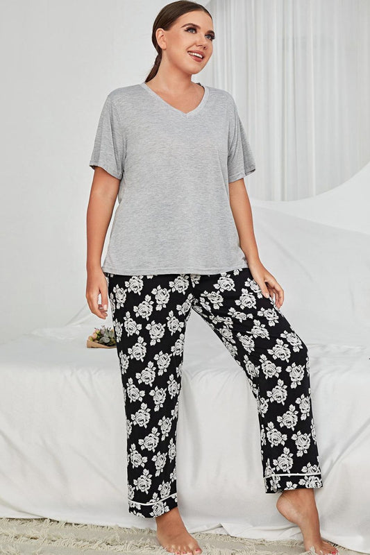 Plus Size V-Neck Tee and Floral Pants Lounge Set-Jewearrings