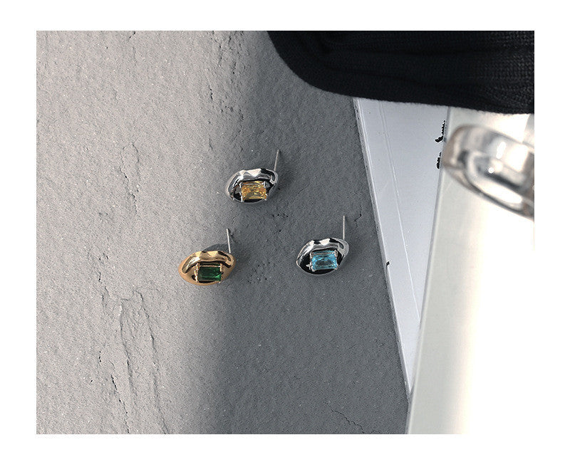 Niche Candy Color Square Zircon Inlaid Metal Stud Earrings-Jewearrings