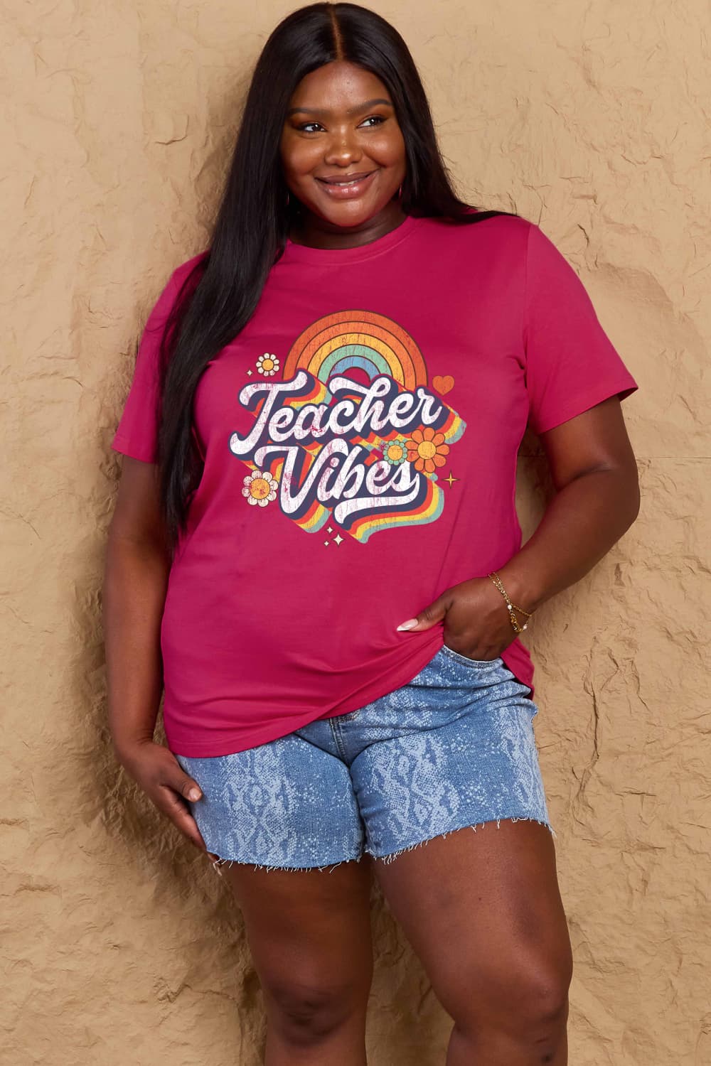 Simply Love Full Size TEACHER VIBES Graphic Cotton T-Shirt-Jewearrings