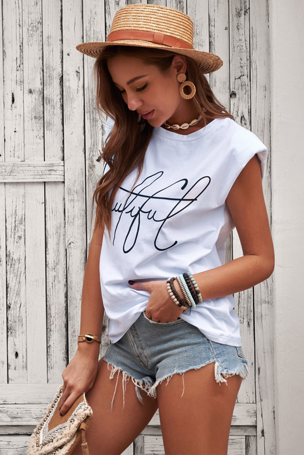 Padded Shoulder Letter Print Tank Top-Jewearrings