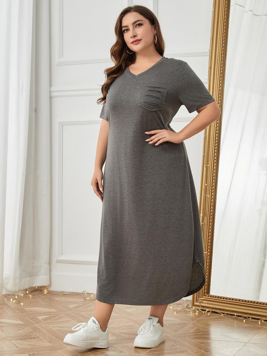 Plus Size Pocketed V-Neck Short Sleeve Lounge Dress-Jewearrings