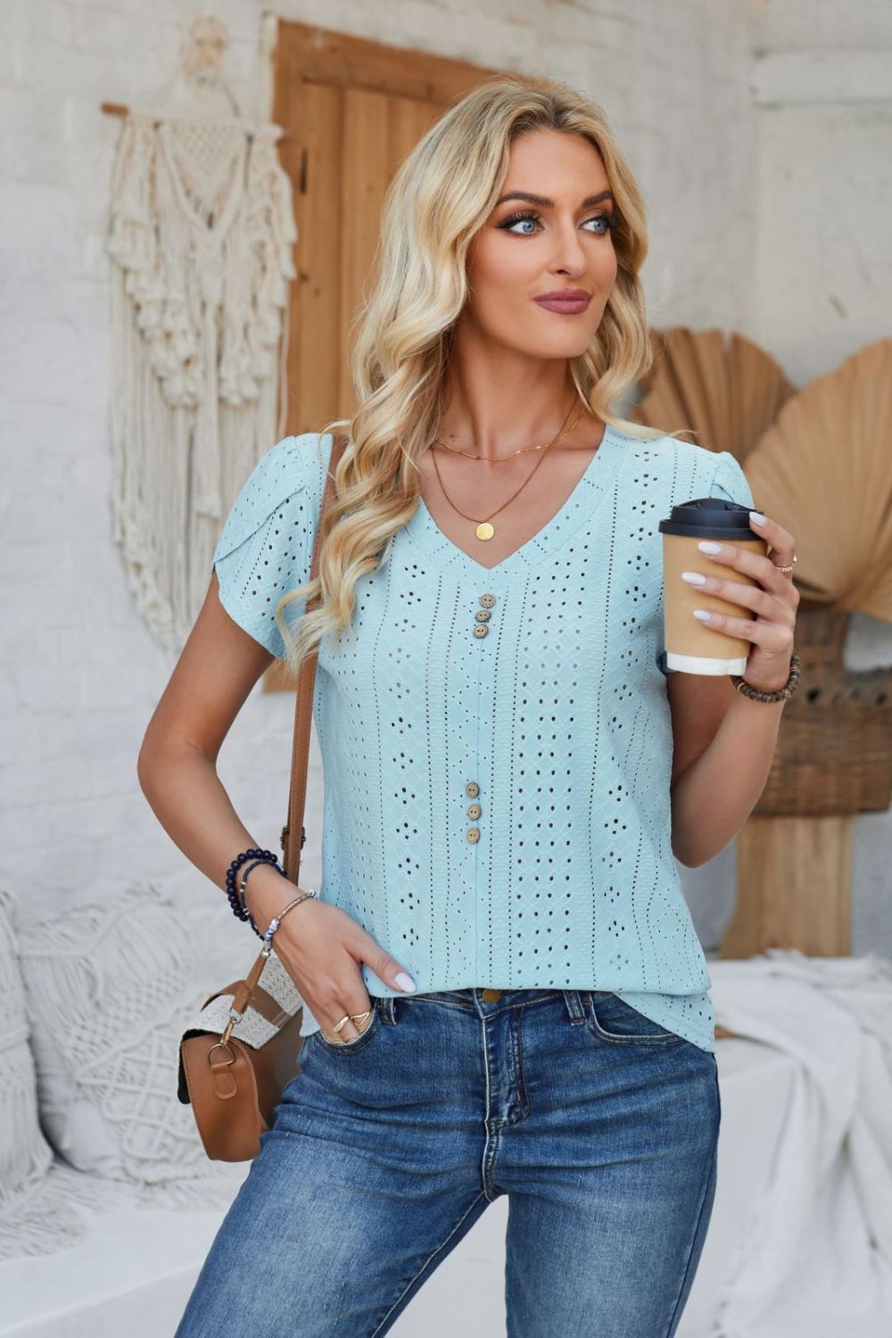 Decorative Button Eyelet V-Neck Short Sleeve T-Shirt-Jewearrings