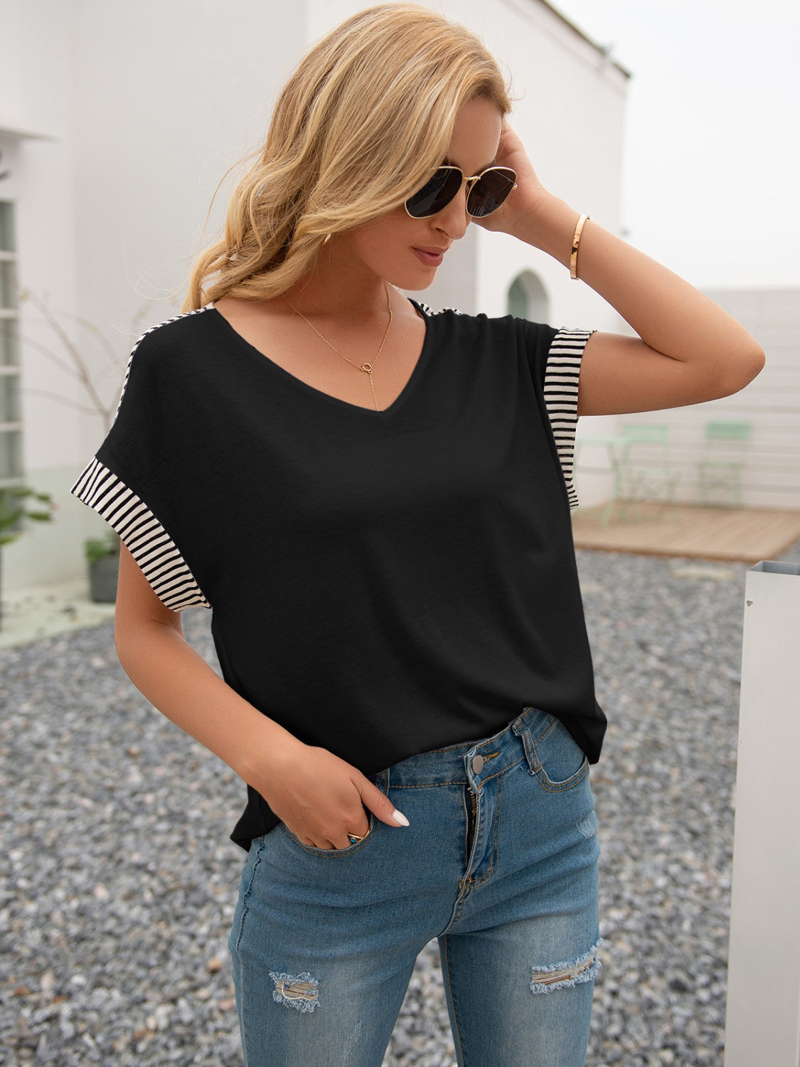 Striped V-Neck Short Sleeve T-Shirt-Jewearrings