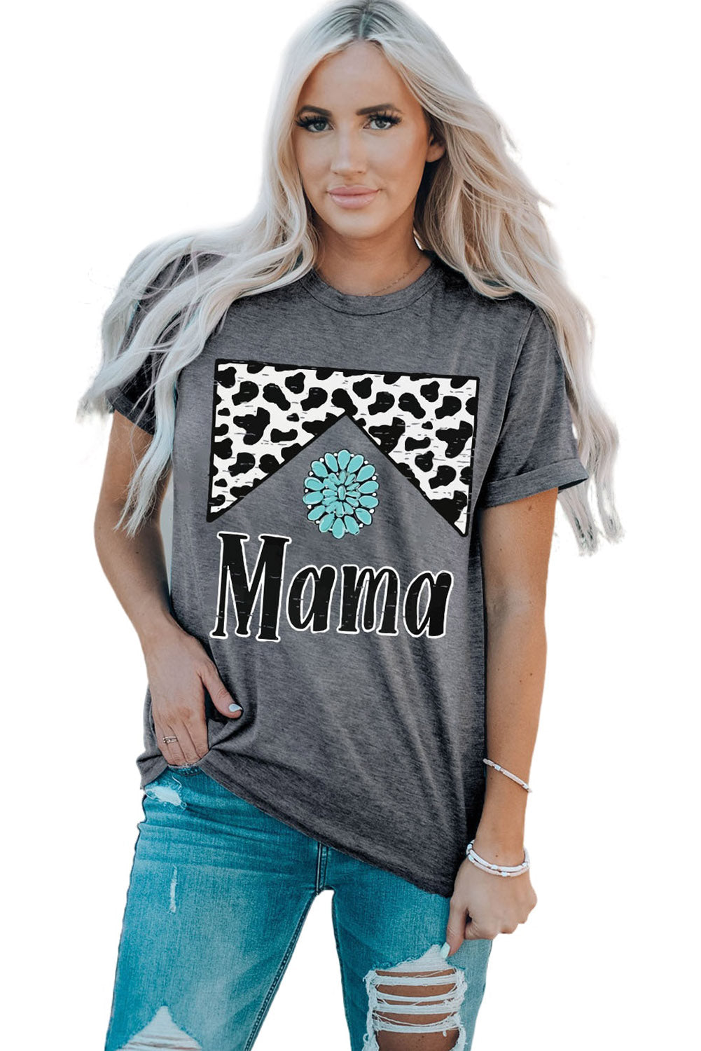 MAMA Graphic Cuffed Sleeve Round Neck Tee-Jewearrings