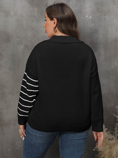 Plus Size Striped V-Neck Sweater-Jewearrings