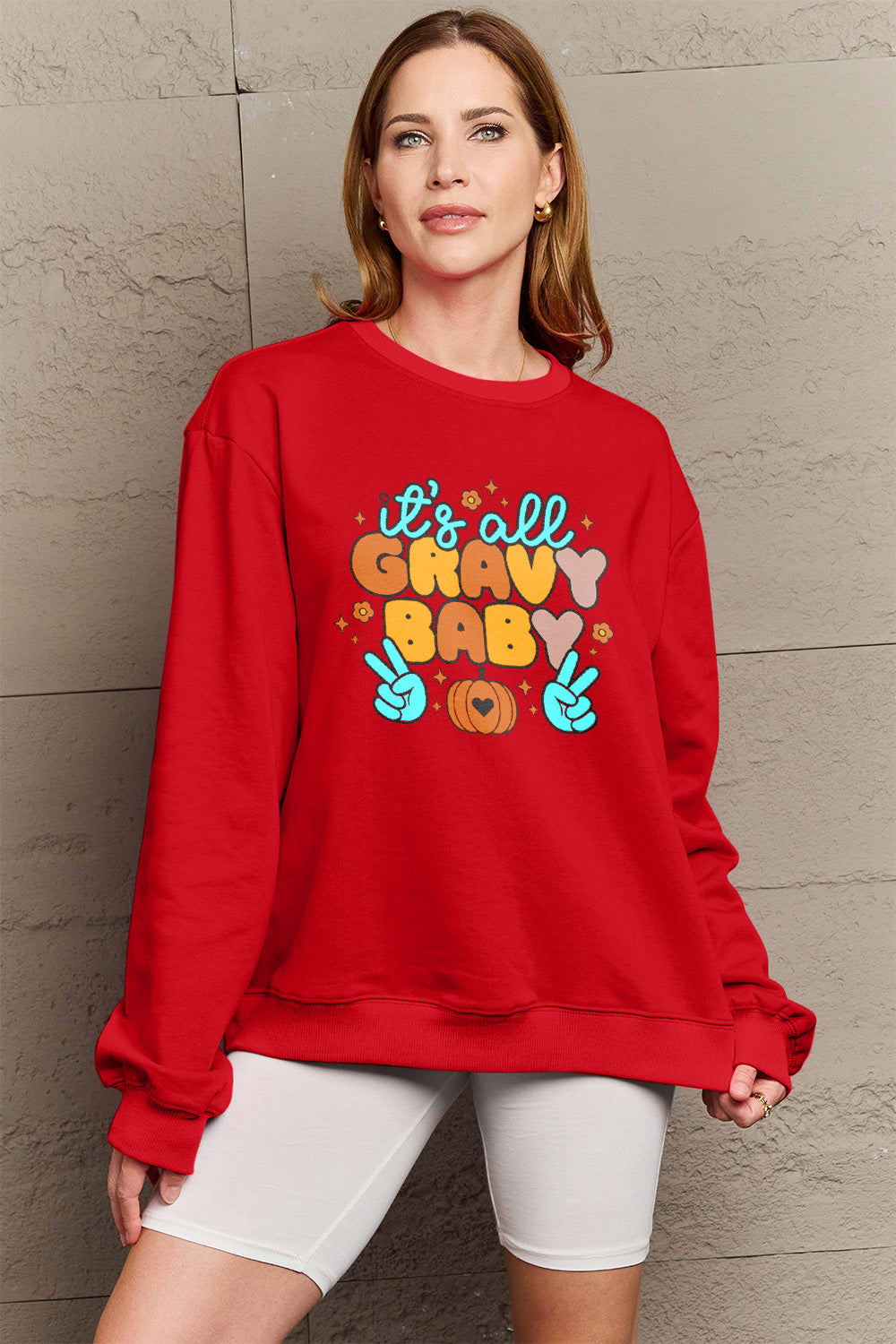 Simply Love Full Size IT'S ALL GRAVY BABY Long Sleeve Sweatshirt-Jewearrings