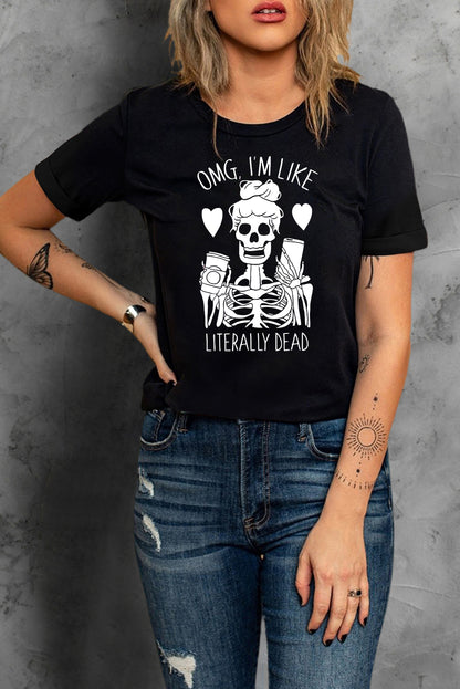 Halloween Skeleton Graphic Round Neck Tee-Jewearrings