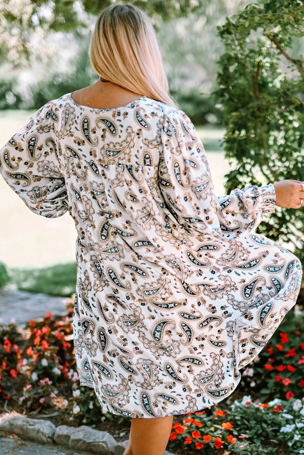 Plus Size Paisley Print Puff Sleeve Dress-Jewearrings