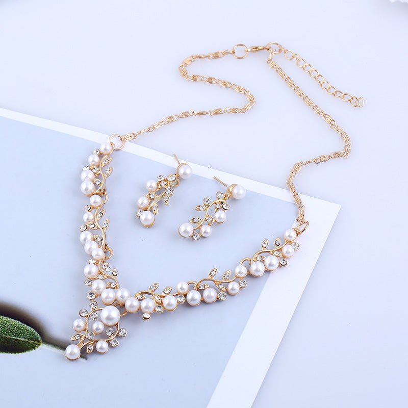 Aliexpress explosion of European and American fashion chain set sweet temperament all-match pearl diamond earrings necklace bride suit-Jewearrings