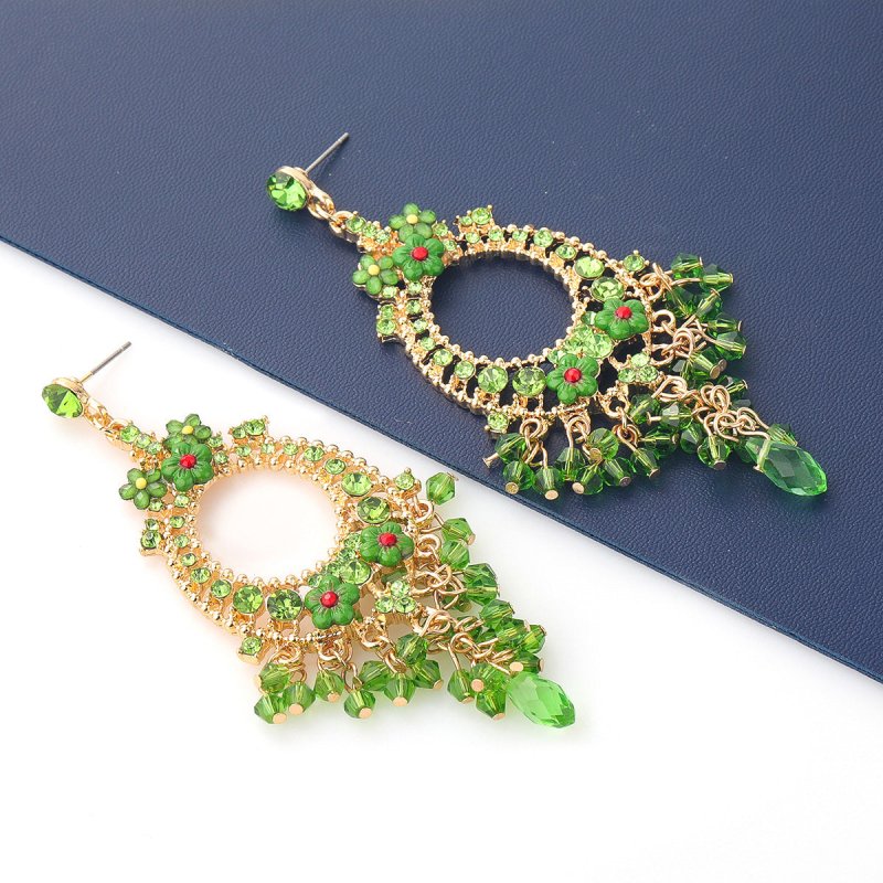 Alloy Acrylic Floral Earrings With Diamond Set Tassel-Jewearrings