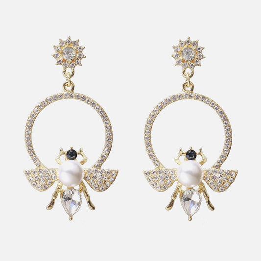 Alloy Diamond Bee Inlaid Pearl Earrings-Jewearrings