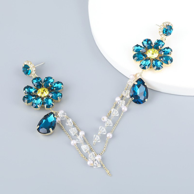 Alloy Diamond Drop-shaped Glass Diamond Flower Tassel Earrings-Jewearrings