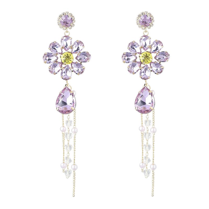 Alloy Diamond Drop-shaped Glass Diamond Flower Tassel Earrings-Jewearrings