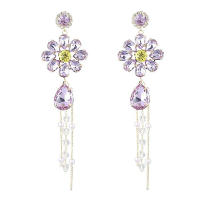 Alloy Diamond Drop-shaped Glass Diamond Flower Tassel Earrings-Jewearrings