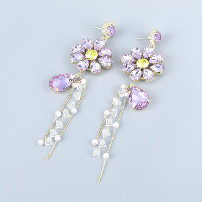 Alloy Diamond Drop-shaped Glass Diamond Flower Tassel Earrings-Jewearrings