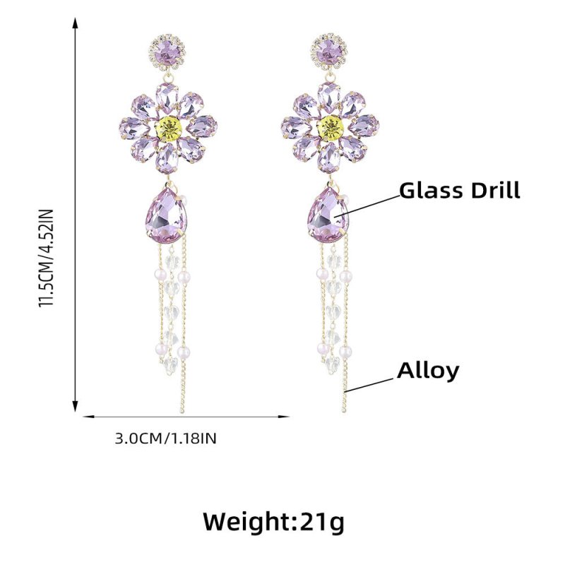 Alloy Diamond Drop-shaped Glass Diamond Flower Tassel Earrings-Jewearrings