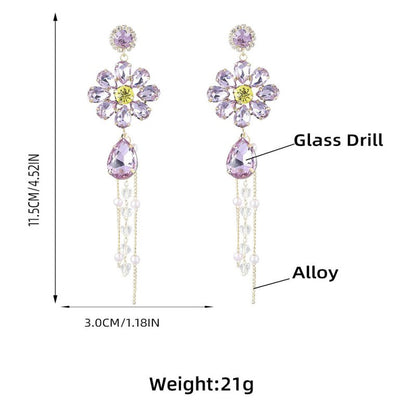 Alloy Diamond Drop-shaped Glass Diamond Flower Tassel Earrings-Jewearrings