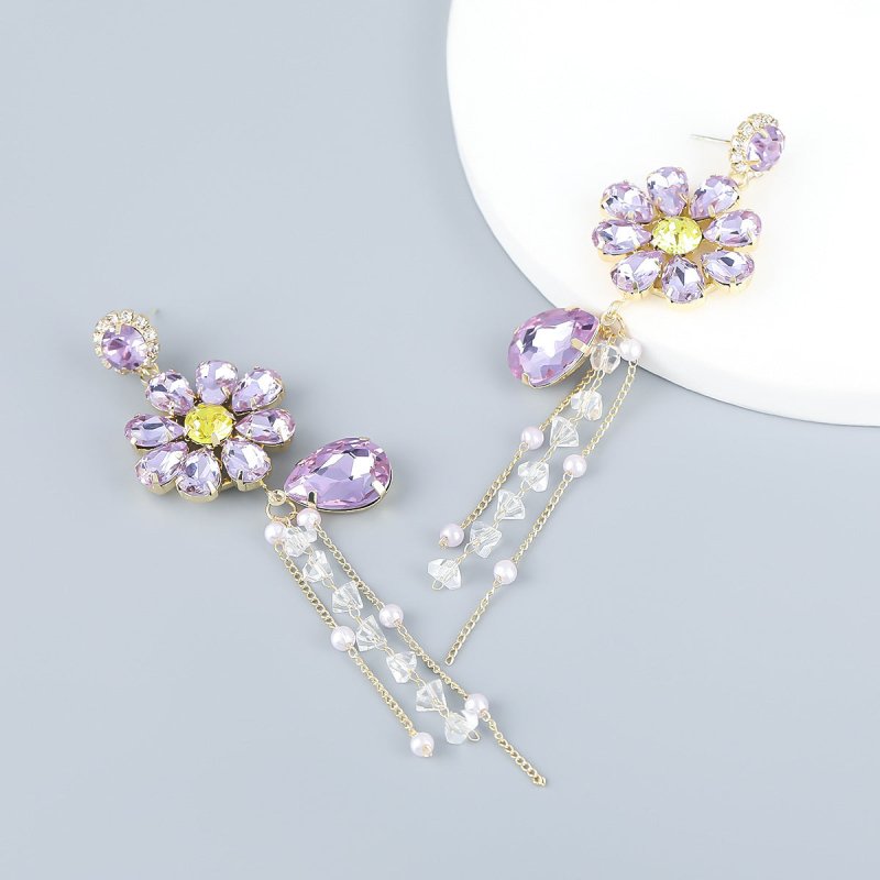 Alloy Diamond Drop-shaped Glass Diamond Flower Tassel Earrings-Jewearrings