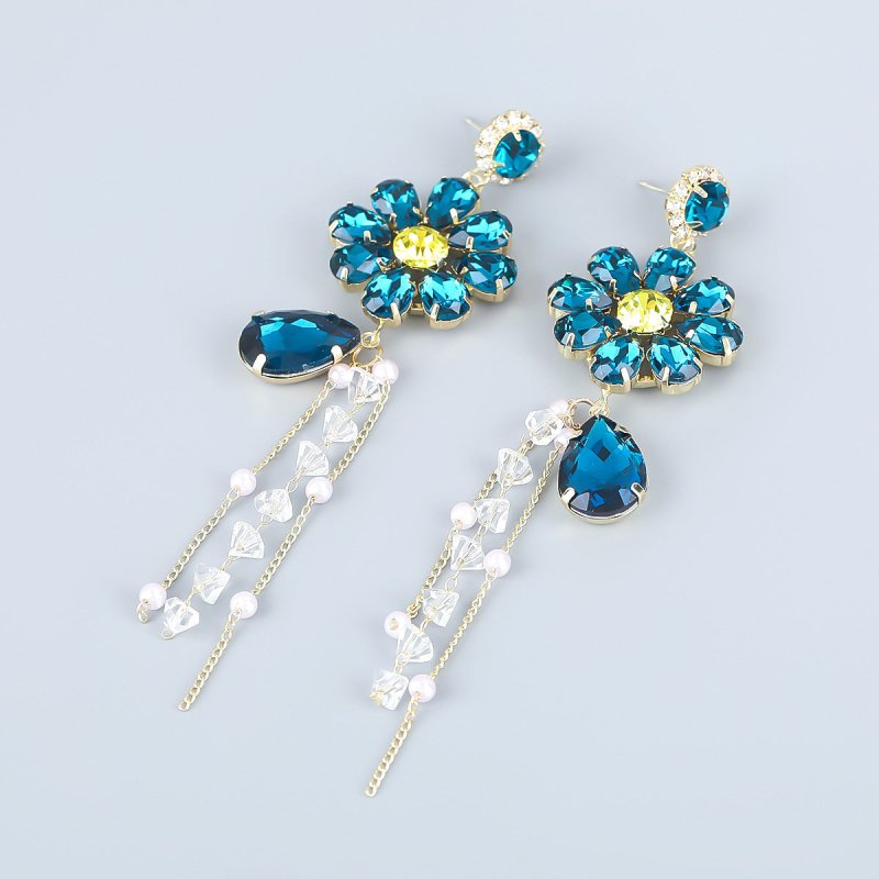 Alloy Diamond Drop-shaped Glass Diamond Flower Tassel Earrings-Jewearrings