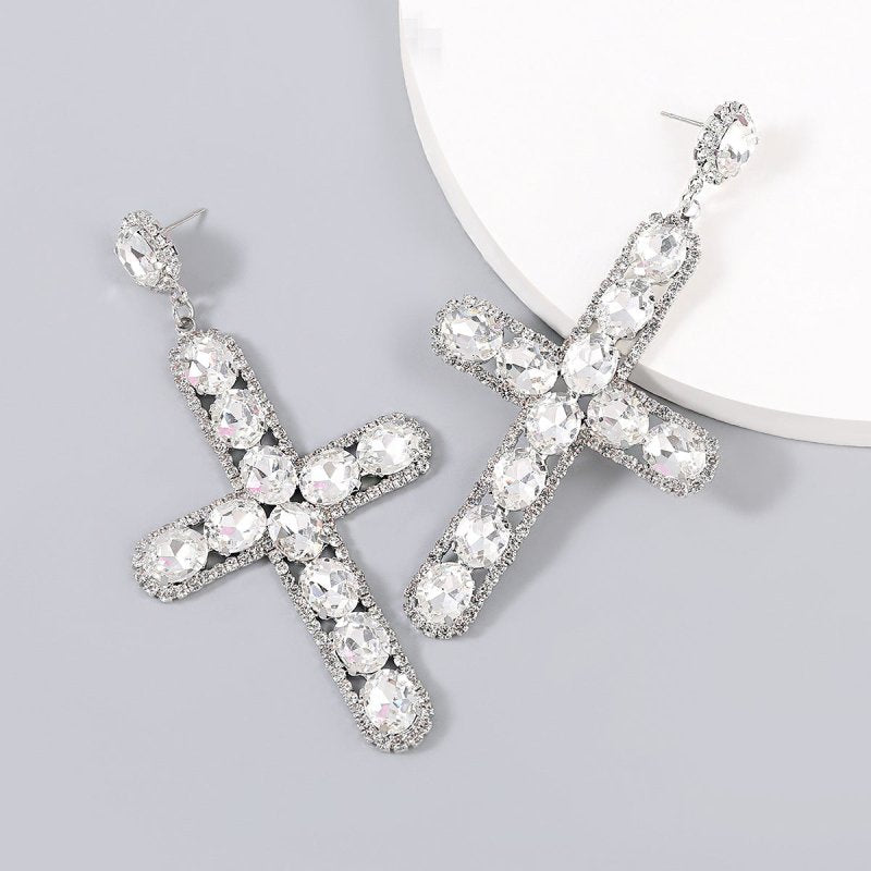 Alloy Diamond Rhinestone Cross Fashion Earrings-Jewearrings