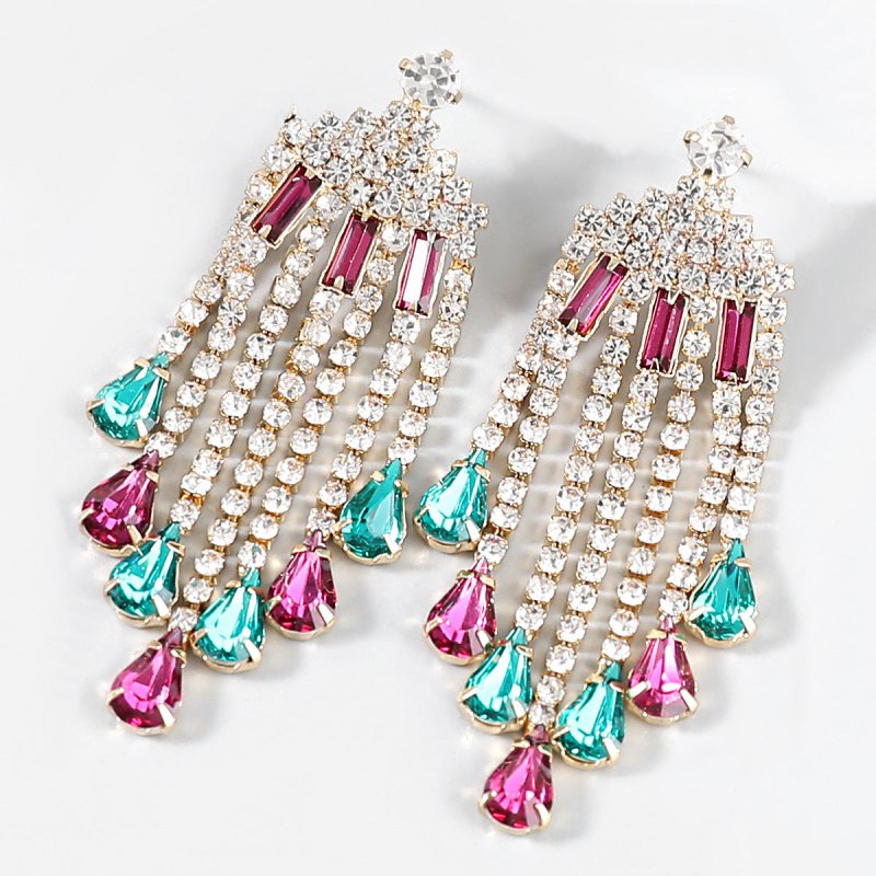 Alloy Diamond-studded Tassel Female Earrings Sapphire Blue-Jewearrings