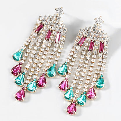 Alloy Diamond-studded Tassel Female Earrings Sapphire Blue-Jewearrings