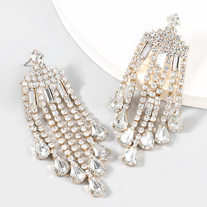 Alloy Diamond-studded Tassel Female Earrings Sapphire Blue-Jewearrings