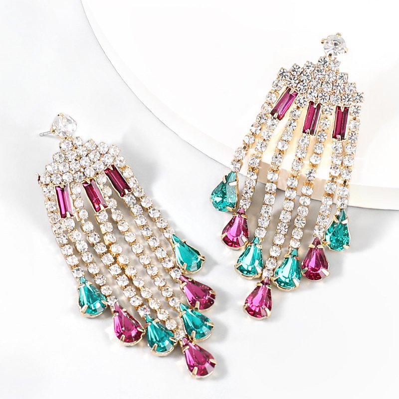 Alloy Diamond-studded Tassel Female Earrings Sapphire Blue-Jewearrings