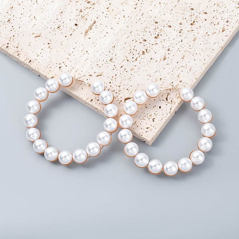 Alloy Imitation Pearl Womens Big Hoop Earrings Dinner Party-Jewearrings