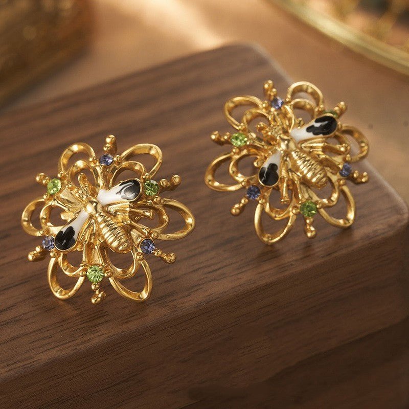 Alloy Plated Antique Gold Diamond Flower Earrings-Jewearrings