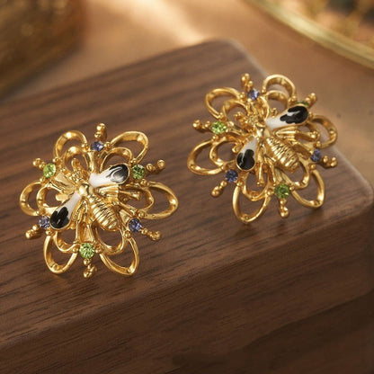 Alloy Plated Antique Gold Diamond Flower Earrings-Jewearrings