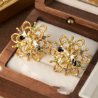 Alloy Plated Antique Gold Diamond Flower Earrings-Jewearrings