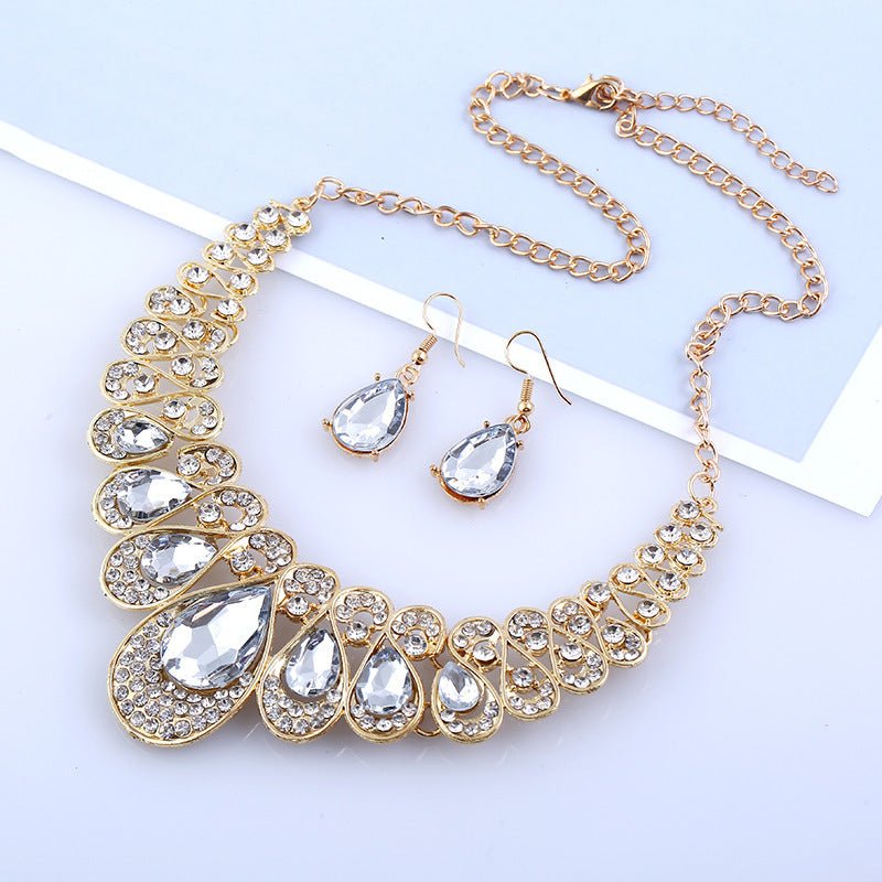 American jewelry fashion temperament Metal Necklace Earrings Set gem diamond drop bride accessories-Jewearrings