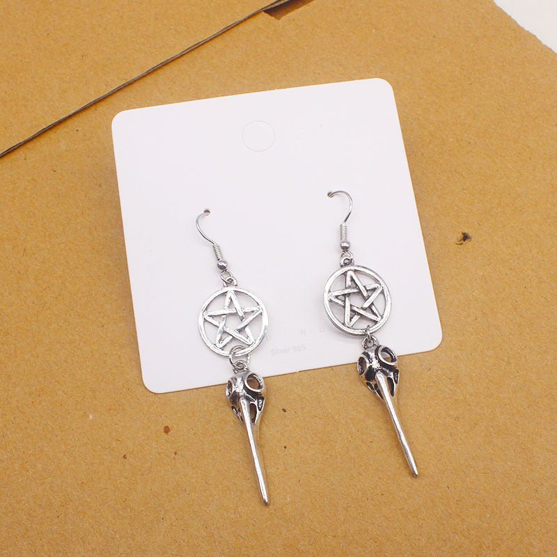 Ancient Silver Pentagram Long Beak Crow Earrings-Jewearrings