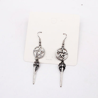 Ancient Silver Pentagram Long Beak Crow Earrings-Jewearrings