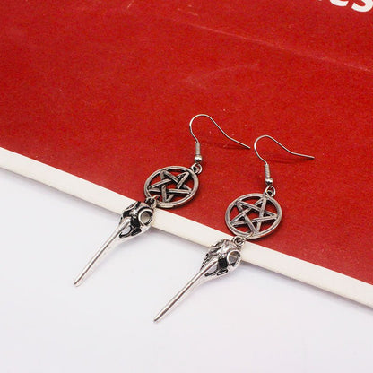 Ancient Silver Pentagram Long Beak Crow Earrings-Jewearrings