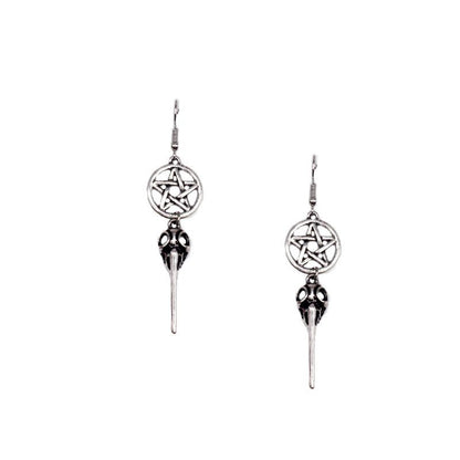 Ancient Silver Pentagram Long Beak Crow Earrings-Jewearrings