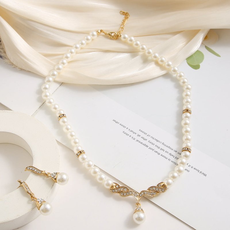 Artificial Pearl Diamond Crystal Necklace Earrings Jewelry Set-Jewearrings