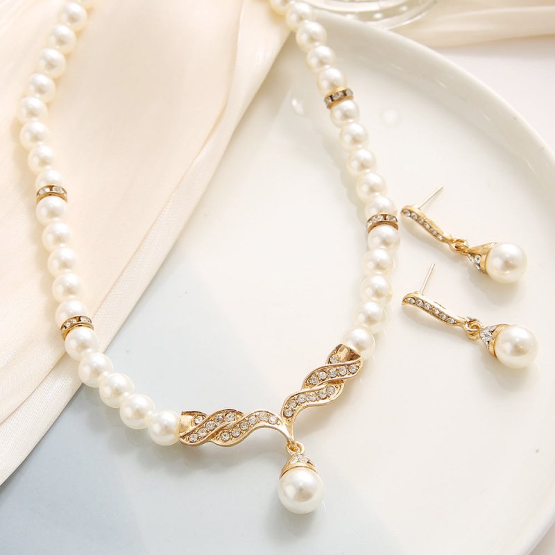 Artificial Pearl Diamond Crystal Necklace Earrings Jewelry Set-Jewearrings