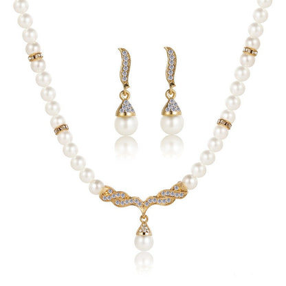 Artificial Pearl Diamond Crystal Necklace Earrings Jewelry Set-Jewearrings