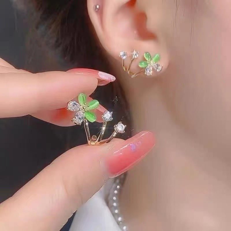 Artsy Cherry Blossom Earrings Green Special-interest Design Diamond Color Opal Earrings-Jewearrings