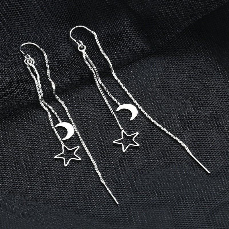 Asymmetric 925 Sterling Silver Women's Earrings Long Star Moon Party Jewelry Gift-Jewearrings