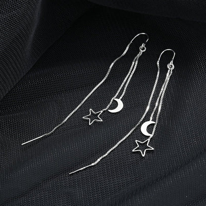 Asymmetric 925 Sterling Silver Women's Earrings Long Star Moon Party Jewelry Gift-Jewearrings